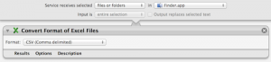 Screenshot of Convert Excel files to csv service in Automator