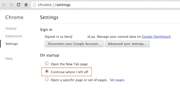Google Chrome On Startup Continue Where I Left Off